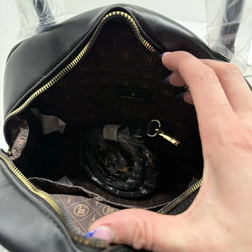London Fog Doctor Bag Mini Smooth PU Satchel Black Crossbody Top Handle Bag NWT